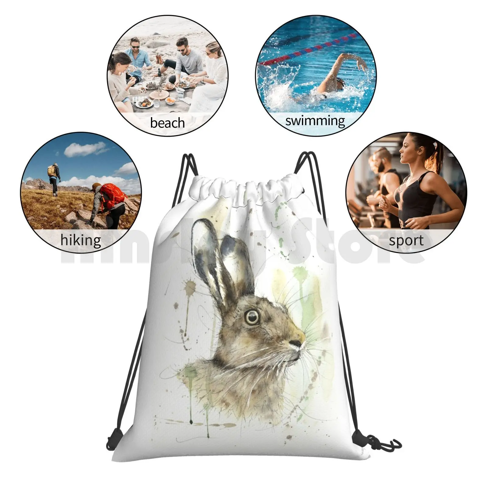

Up-Watercolour Hare Backpack Drawstring Bags Gym Bag Waterproof Hare Hares Watercolour Watercolor Watercolourhare Rabbit