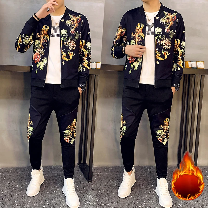 Chinese Style Winter Mens Set Pant Thick Warm Tracksuit 2-piece Track Suits Sweatsuit Man Plus Velvet To Keep | Мужская одежда