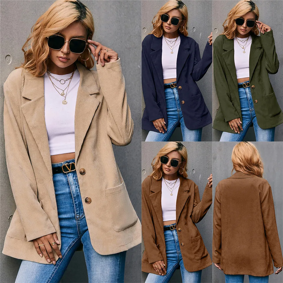 

Women Blazer Korea Casual Corduroy single breasted Blazers Jackets Lady Work Coat Outerwear Fashion Autumn Career Female Jacket