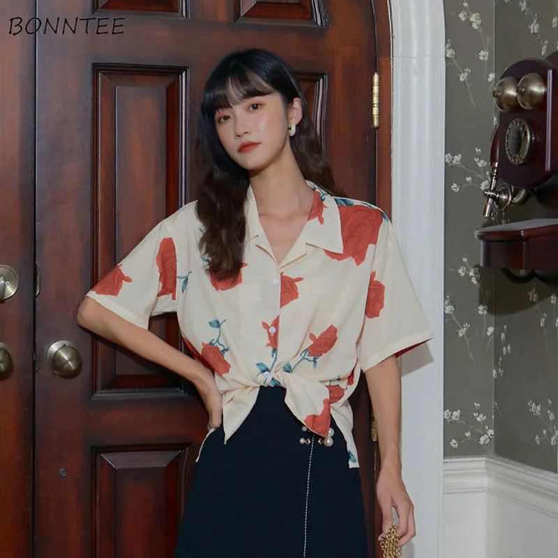 

Shirts Women Rose-print Summer Vintage Fashion Colorful Turn-down Collar Elegant Short Sleeve Hong Kong Style Cozy Loose Female