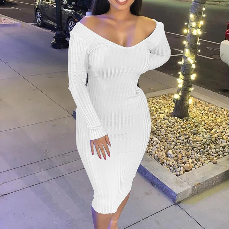 

Women Slim Ribbed Maxi Dress Off Shoulder Elastic Long Sleeve Maxi Dress Winter Sexy Basic V-neck Strapless Bodycon Dress