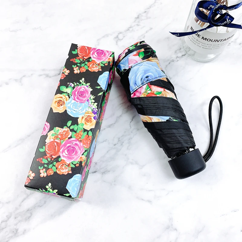 

Mini Five Folding Flower Umbrella Portable Black Coating UV Pastoral Style Women Four Colors Sunny And Rainy Umbrella