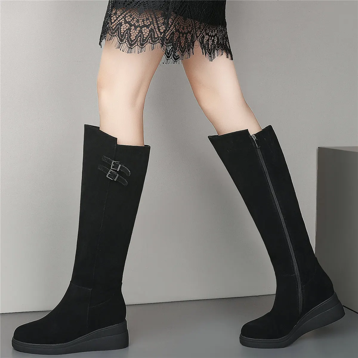 

Winter Thigh High Wedges Oxfords Women Genuine Leather Knee High Motorcycle Boots Female Round Toe Fashion Sneakers Casual Shoes