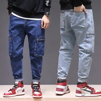 newly designer fashion men jeans high quality loose fit big pocket denim cargo pants homme streetwear hip hop wide leg trousers