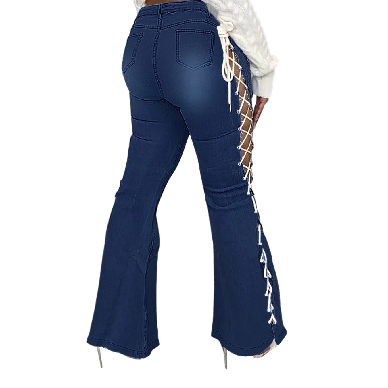 

Women Lace Up Side and Hip High Waist Tunic Flare Jeans Streetwear Sexy Party Bell Bottom Denim Pants Trousers