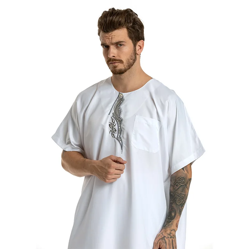 

Abaya Kaftan Islam Middle East Arab Muslim Men's Clothing Hui Embroidered Short-sleeved Round Neck Robe Male 2021