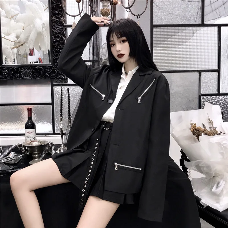 Готический Повседневный Женский блейзер с длинным рукавом и карманом на молнии