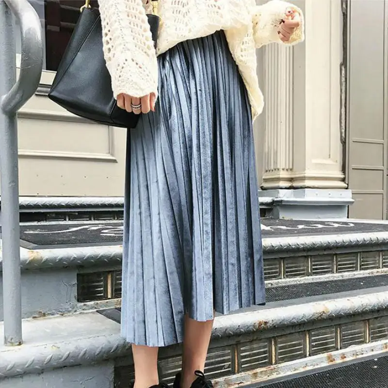 Новинка 2019 Женская длинная Плиссированная юбка цвета металлик серебристый