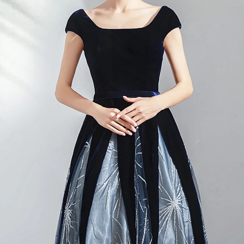 

Blue Luxury Evening Dress Illusion Square Collar Lace Tulle Floor-Length A-Line Embroidery Elegant Women Formal Dresses TS257