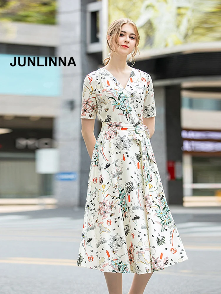 

Cotton Blending Women's Printing Dress Fashion New Summer V Neck Short Sleeve Expansion Vestidos with Sashes Elegant Dresses