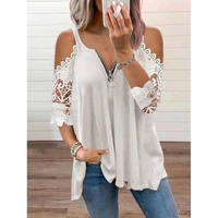 2021 summer lace t shirt women casual zipper v neck loose t shirt sexy half sleeve hollow out ladies pullover tops big size 5xl