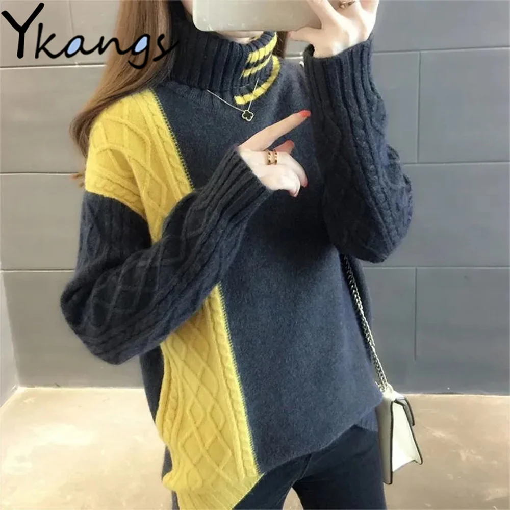 

Plus Size Korean Women'S Sweater Autumn Winter Loose Pullover Female Elegant Turtleneck Color Matching Twist Knitted Bottom Tops