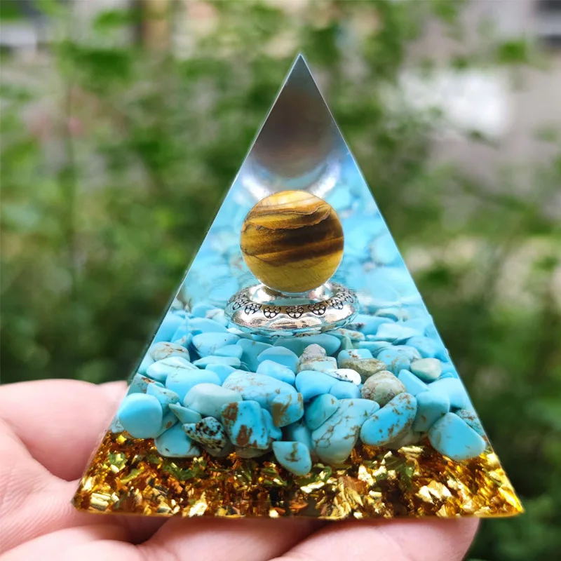 Energy Generator Orgone Pyramid Natural Blue Turquoise+Yellow Tiger Eye Ball Hand-made Resin Feng Shui Ornaments