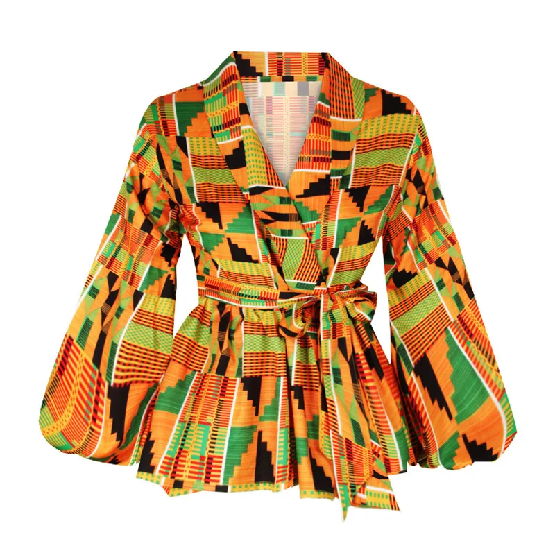

Sexy V Neck Lantern Sleeve Shirt Women African Clothes 2021 Fashion African Dashiki Print Shirt Party African Dresses for Women