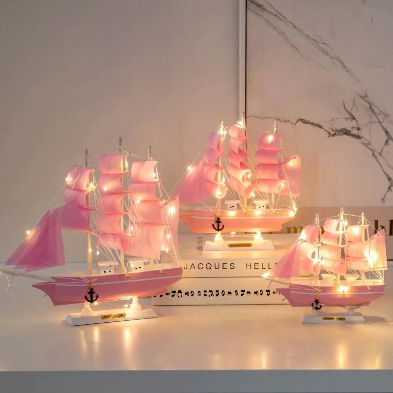 

Sailboat Model with Light Wooden Creative Decor Art Crafts Abstract Sculpture Home Office Desktop Decoration Ornament Gift