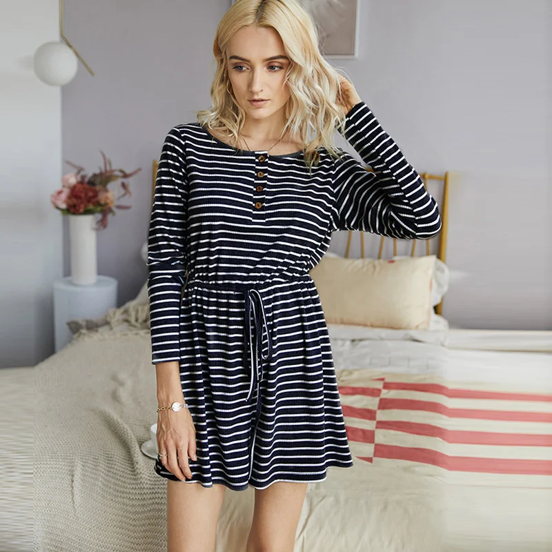 

Женские полосатые комбинезоны, Осенние повседневные Комбинезоны с круглым вырезом, длинным рукавом и высокой талией, короткие комбинезоны ...