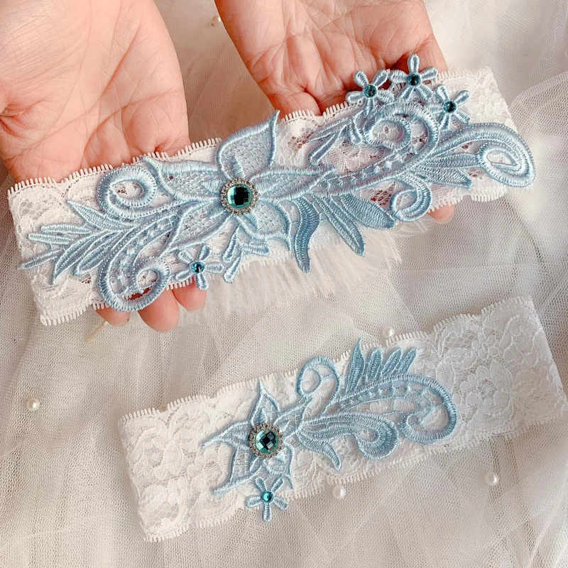 

2021 Wedding Garters Blue Rhinestone White Embroidery Floral Sexy Garters For Women/Female/Bride Thigh Ring Bridal Leg Garter