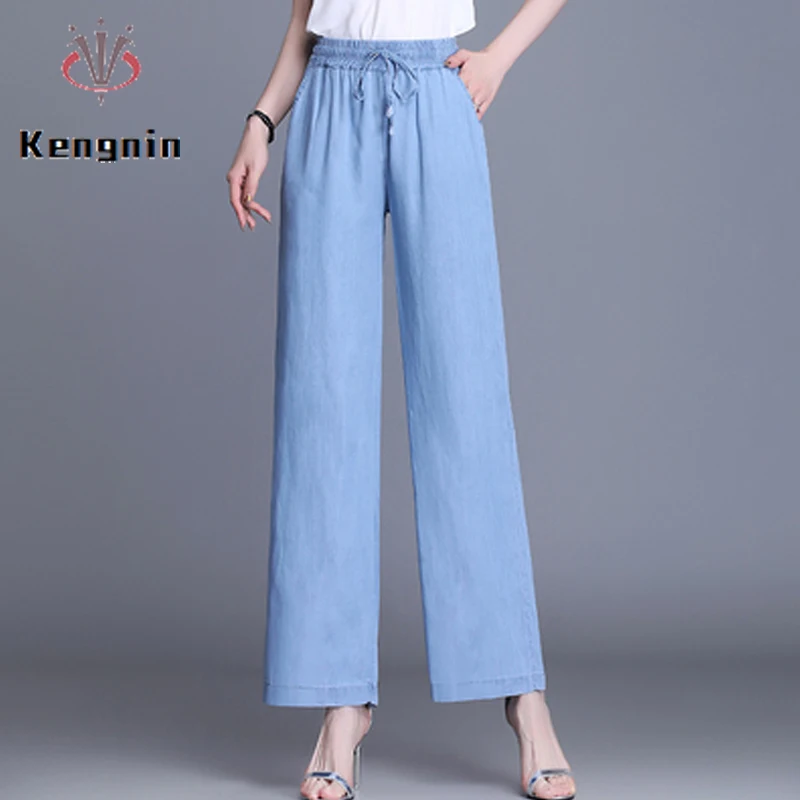 

Женские джинсовые капри на шнурке, повседневные широкие брюки синего цвета с поясом на резинке, модель KN239 на осень и зиму, 2022