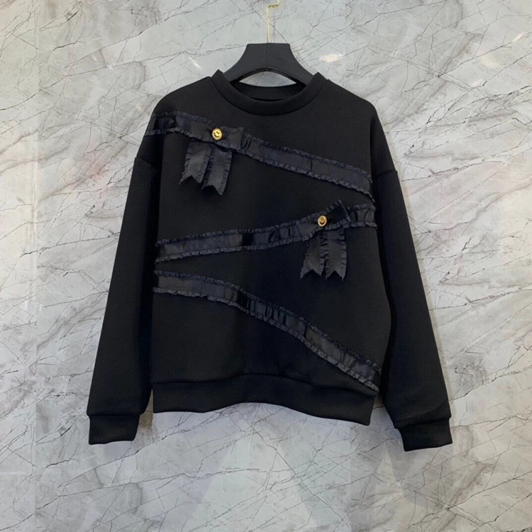 

2021 new women fashion round neck bow smiley face ribbon decorative pullover all-match sweater 922