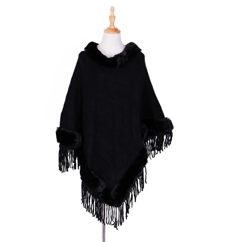 

Plus Size Fringed Shawl Women Capes Fur Collar Pullover Winter Fashion Loose Bat Sleeve Long Poncho Lugentolo