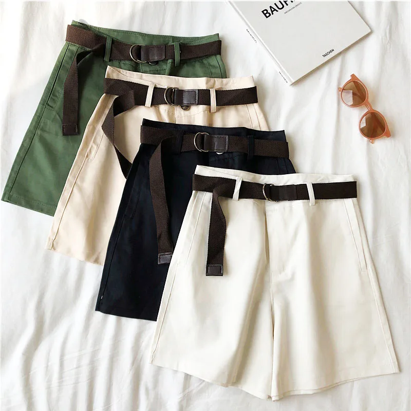 

Casual Shorts Women Fitness Wide Leg Black High Waist Shorts With Belt Office 2021 Summer Lady Vintage Shorts Feminino Plus Size