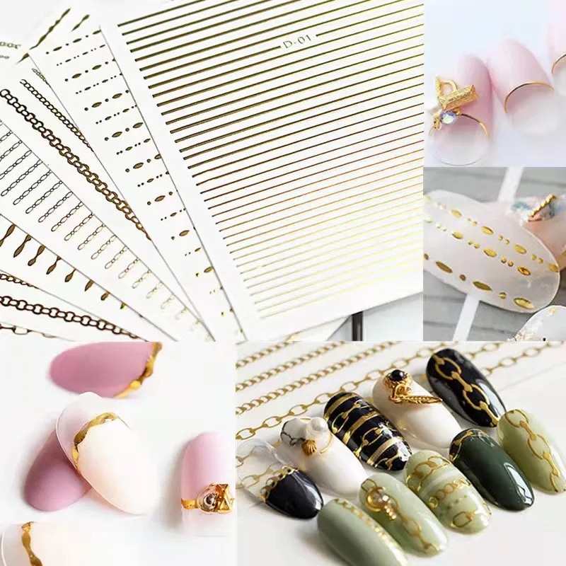 

New 3D Nail Stickers Metal Bendable Chain Gold And Silver Wire Waterproof Nail Decals Gum Jewelry
