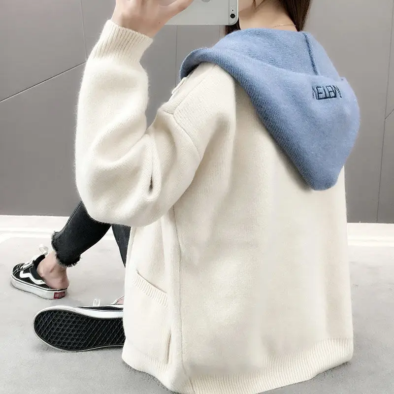

Sweater Women Autumn and Winter Casual Hooded Knitted Sweater Female Loose Cardigans Coat New Ladies Solid Outerwear