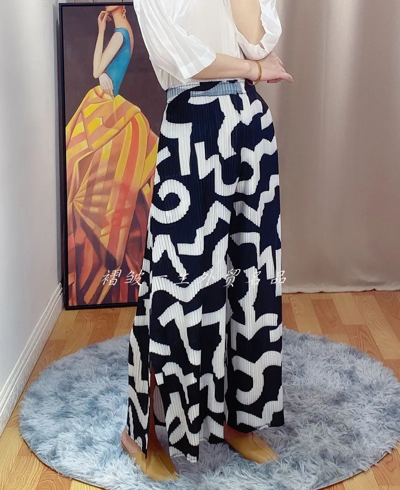 HOT SELLING Miyake fashion  Spring and summer high waist all-match geometry PRINT wide leg pants female flare pants IN STOCK