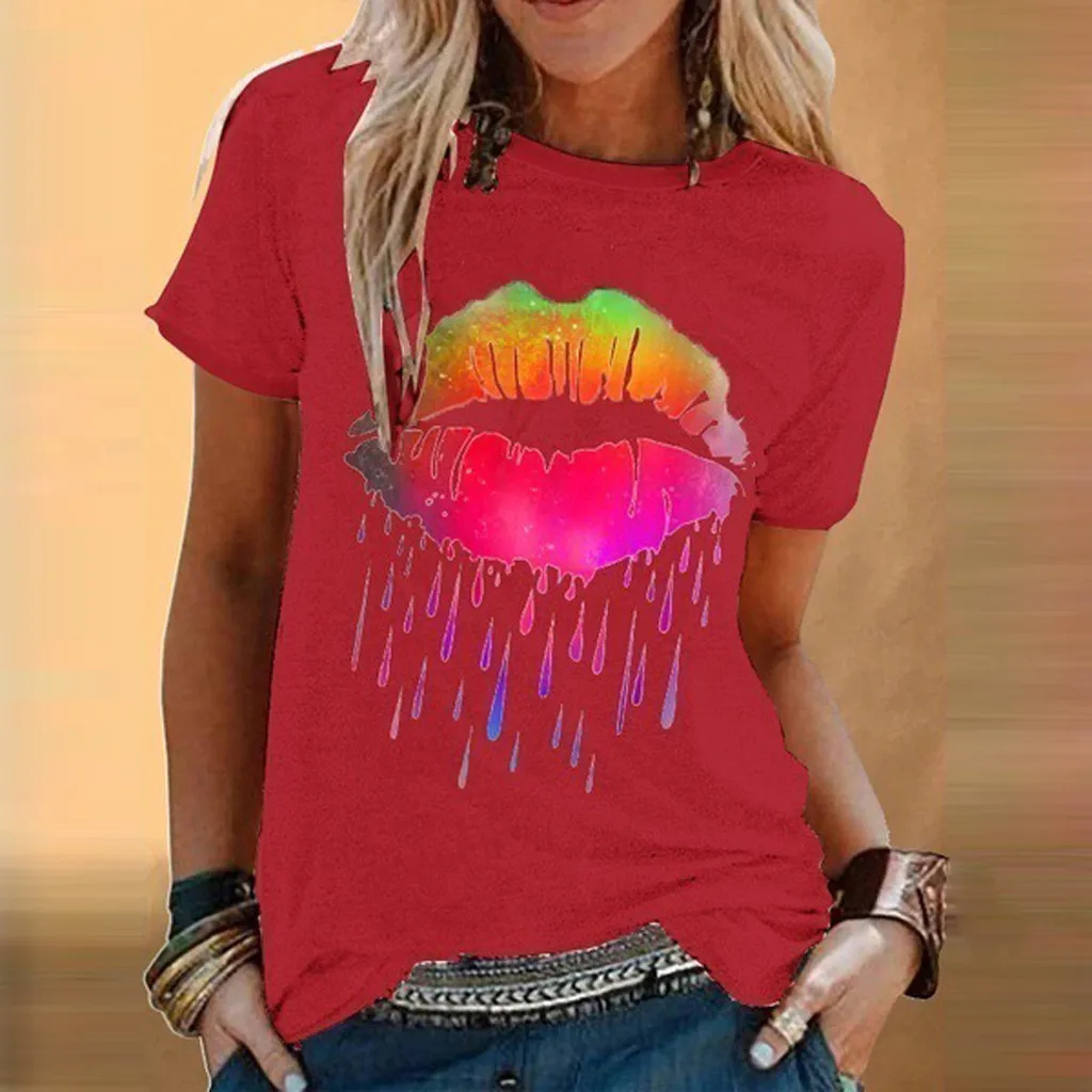

Fashion Big Lips Print Women Tank Top Vest Casual Loose 2021 Summer Tops O Neck Short Sleeve Tee Shirt Ladies Tops Plus Size 5xl