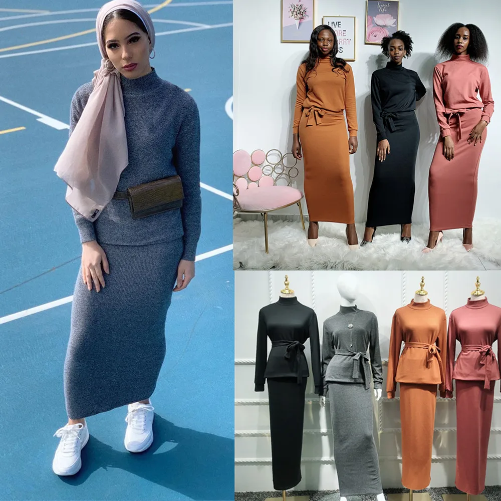 

Knit Abaya Turkish Muslim Hijab Dress Tops Skirts Set Caftan Marocain Kaftan Dubai Islam Clothing For Women Vetment Femme Hijab