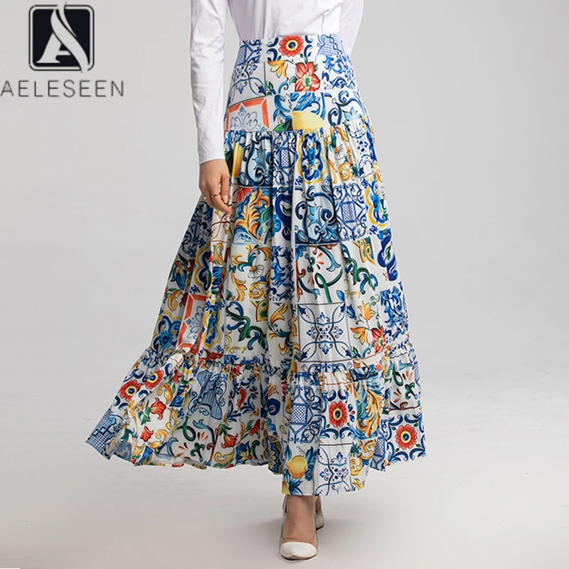 Женская юбка с цветочным принтом AELESEEN белая или синяя поясом весна осень