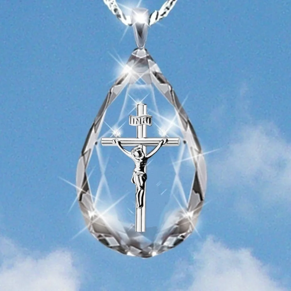 

New Jesus Cross Crystal Pendant Necklace Ladies Water Drop Decoration Religious Belief Jesus Pendant Necklace