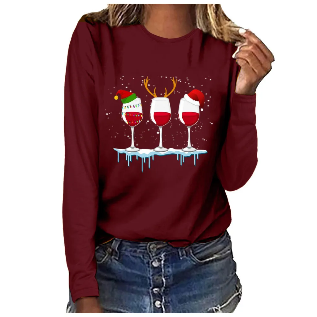 

Women Christmas Casual Long Sleeve O-neck Wine Sweatshirt Pullover Blouse Solid Color Christmas Elk Hat Combination Print Shirt