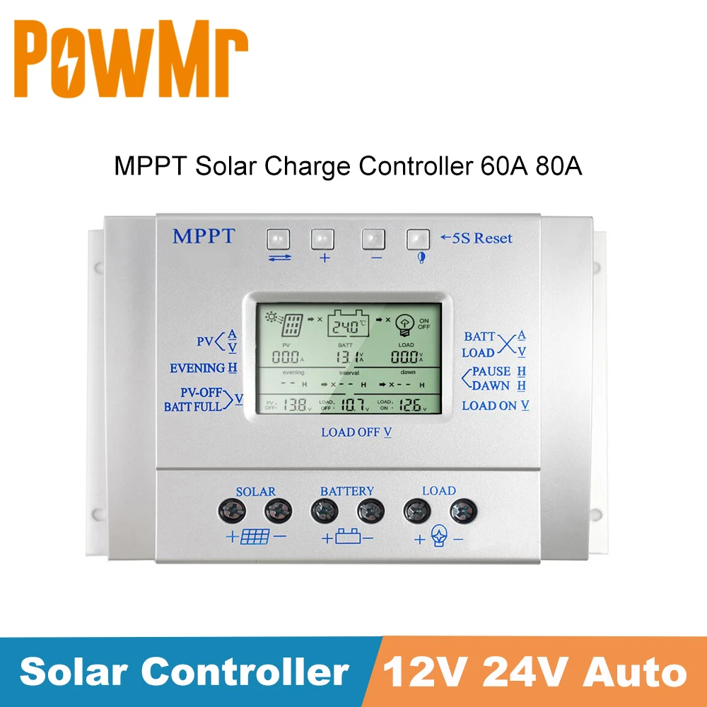PowMr MPPT Solar Charge Controller 60A 80A 12V 24V Auto Solar Panel Regulator for Max 50V Input All Data In One Display L60 L80