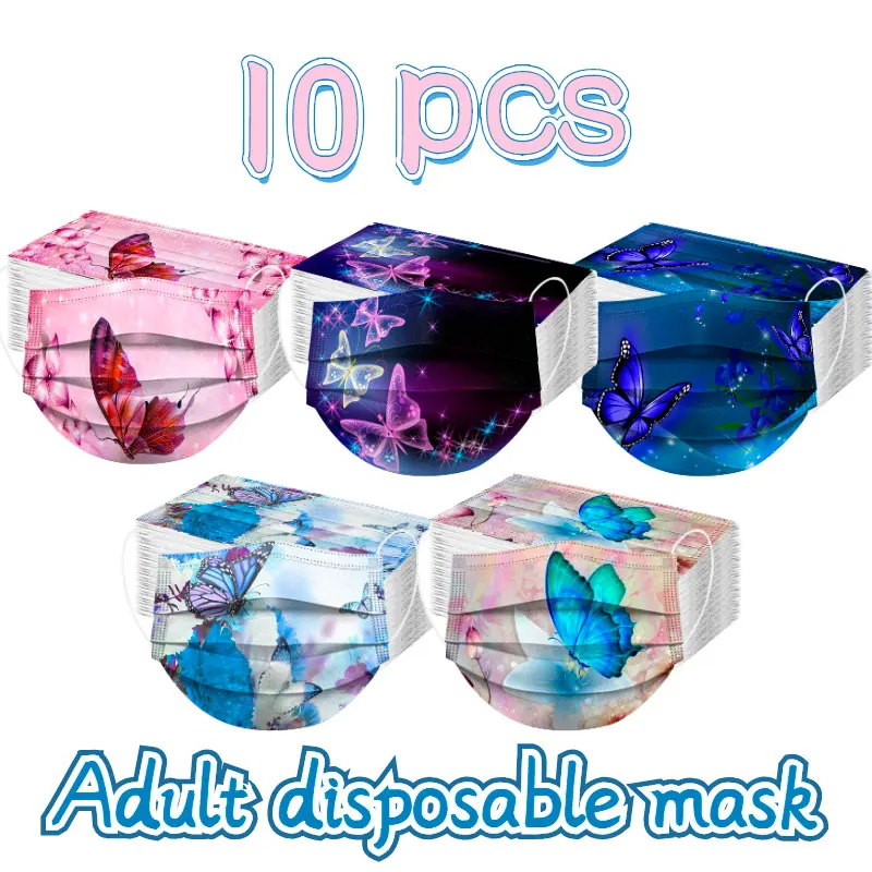 

10PCS Adult Butterfly Printed Disposable Face Mask 3 Ply Filters Mouth Mask For Face Breathable Protective Mascarillas Masque