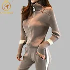 Трикотажный спортивный костюм для женщин, женский спортивный костюм, состоящий из узких брюк с лампасами и кофты на молнии с полосками на рукавах, 2019