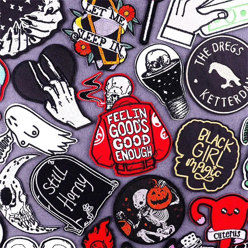 Черные Красные Вышитые нашивки с черепом для одежды самодельные утюгом на одежде