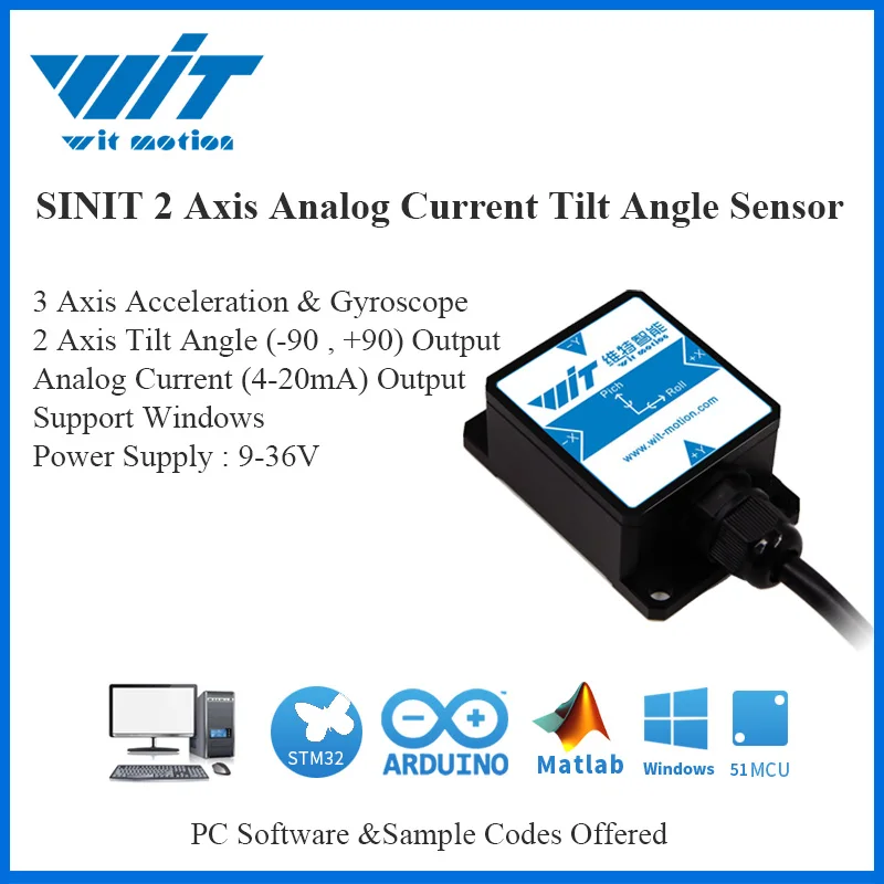 

2-осевой датчик WitMotion SINIT, аналоговый ток (4-20 мА), выход и угол наклона (шаг рулона), водонепроницаемый IP67, антивибрационный, для ПК