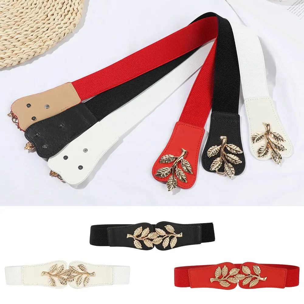 

Fashion Waist Sealing Waistband Women Double Gold Leaf Waist Buckle Wide Belt Elastic Stretch Dress Decoration