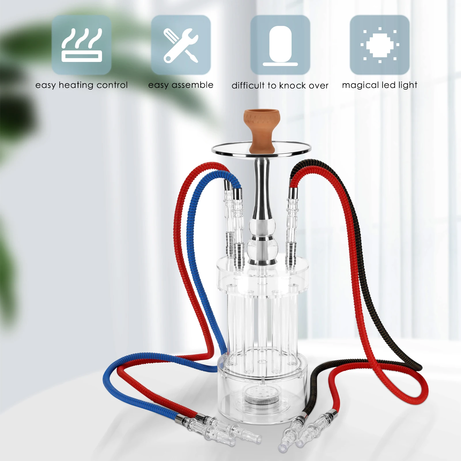 

Набор кальяна из акрила, портативный кальян с 4 шлангами и керамической чашей, цветной светодиодный подсветкой