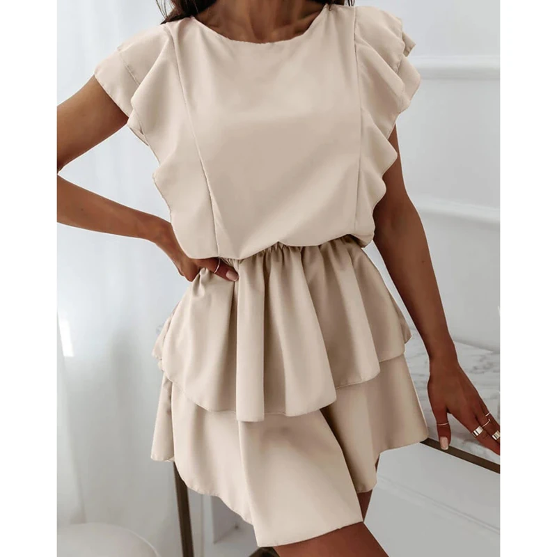 

2022 Summer Double-Layer Dress Fashion Loose Ruffle Short-Sleeve Women Pure Color Elastic Waist A-Line Mini Dress Robes