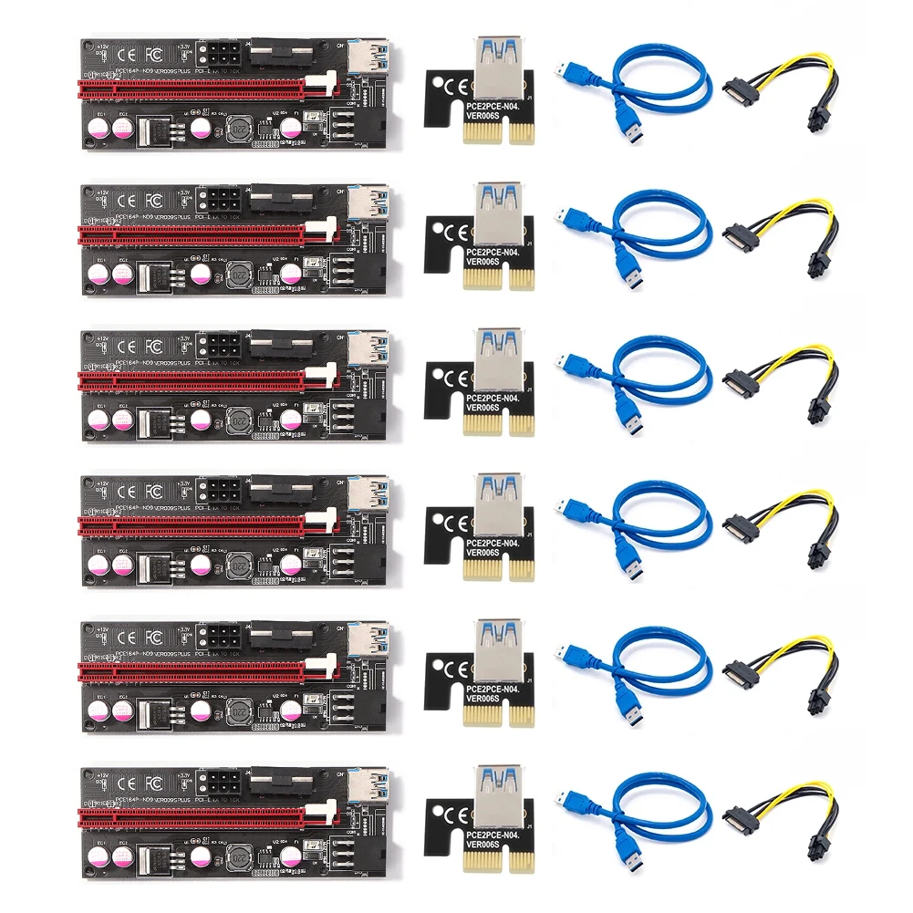 

Плата расширения VER009S PCI Express Riser PCI-E 1X до 16X, 4/6 шт., USB 3,0 SATA, 15-контактный до 6-контактный кабель питания, адаптер, карта для майнинга