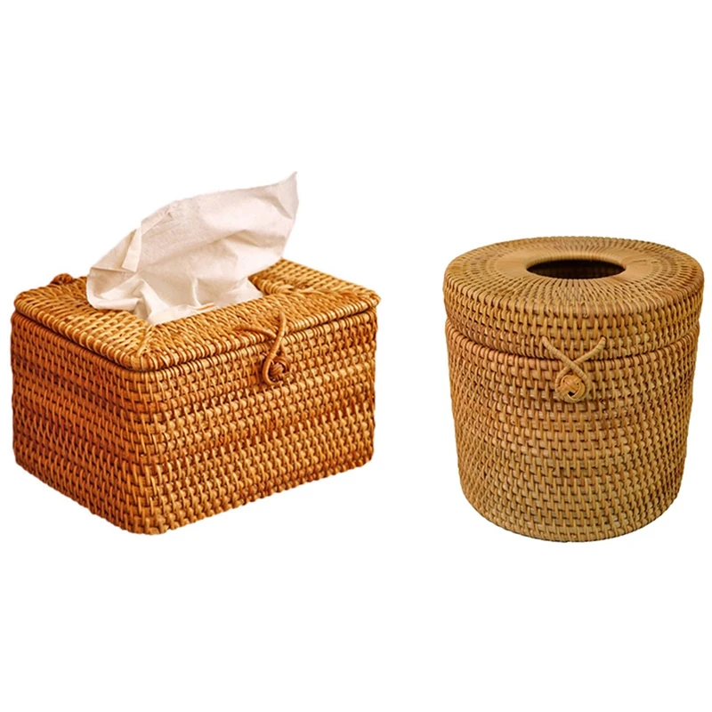 

Round Rattan Tissue Box Vine Roll Holder Toilet Paper Cover Dispenser & Rectangle Paper Rack Rattan Tissue Box