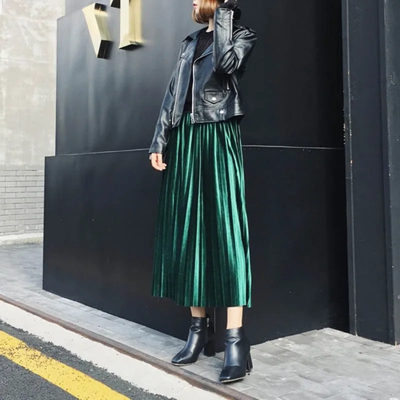 Spring Summer 2018 New Fashion Skirt High Waist Velvet Pleated Women Solid Elastic Female | Женская одежда