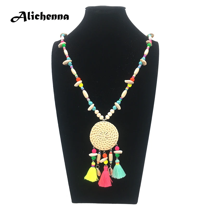 Новое круглое ожерелье из ротанга с кисточками длинное богемное Бохо цвет