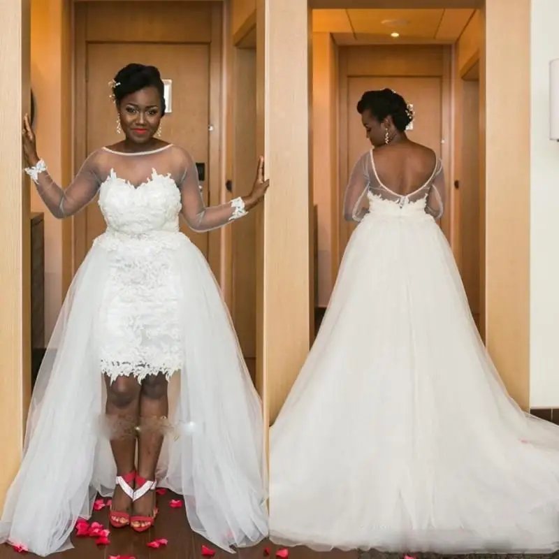 

С длинным рукавом Hi-низкий черный для девочек размера плюс, свадебные платья с длинным шлейфом Свадебные платья Vestido De Noiva