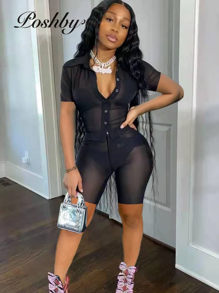

Poshby Women Solid Mesh See Through Suit Summer Turn-Down Collar Short Sleeve Shirts And Skinny Shorts 2 Pcs Set 2021 Streetwear