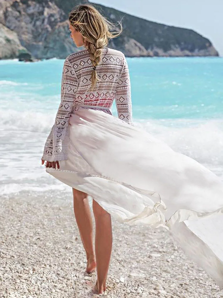 

European American cotton and long cardigan beach skirt bikini blouse swimsuit with cardigan sunscreen skirt