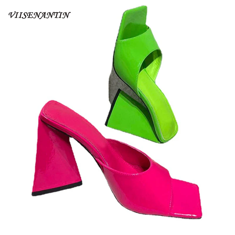 

One Word with Slippers Women's Silk Shaped with Cow Patent Leather Square Toe Super High Heel Open-toe Sandals and Slippers