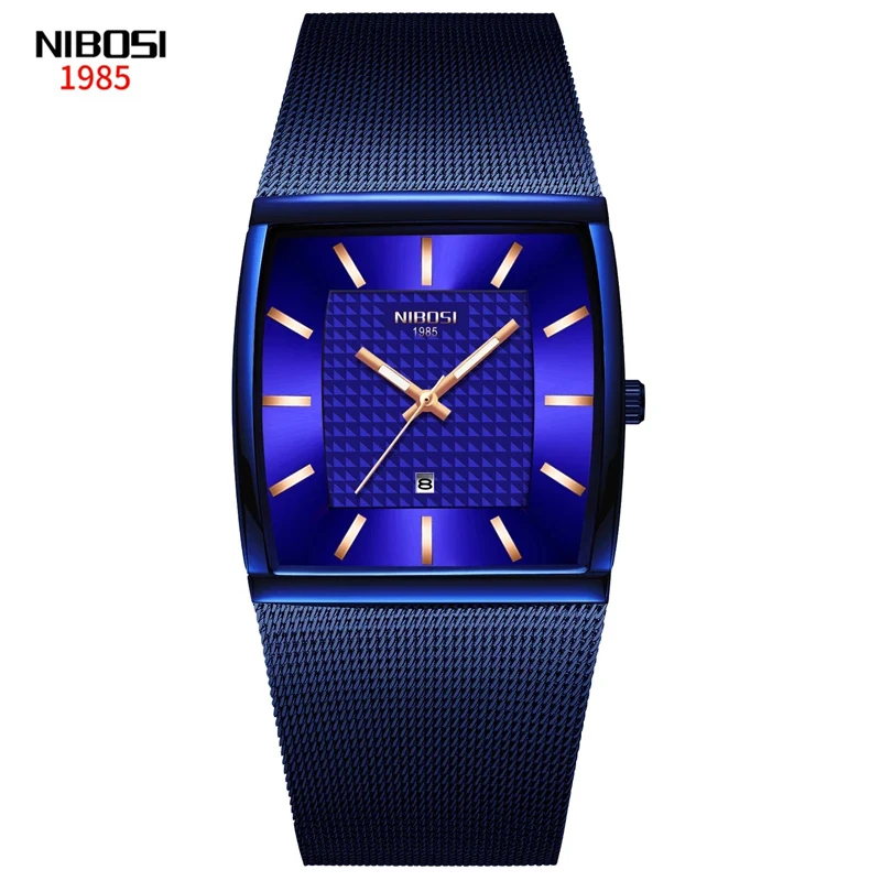 NIBOSI Blue Square Mens Watches Top Brand Luxury Quartz Watch Men Slim Waterproof Male Wristwatch Men Relogio Masculino 2376
